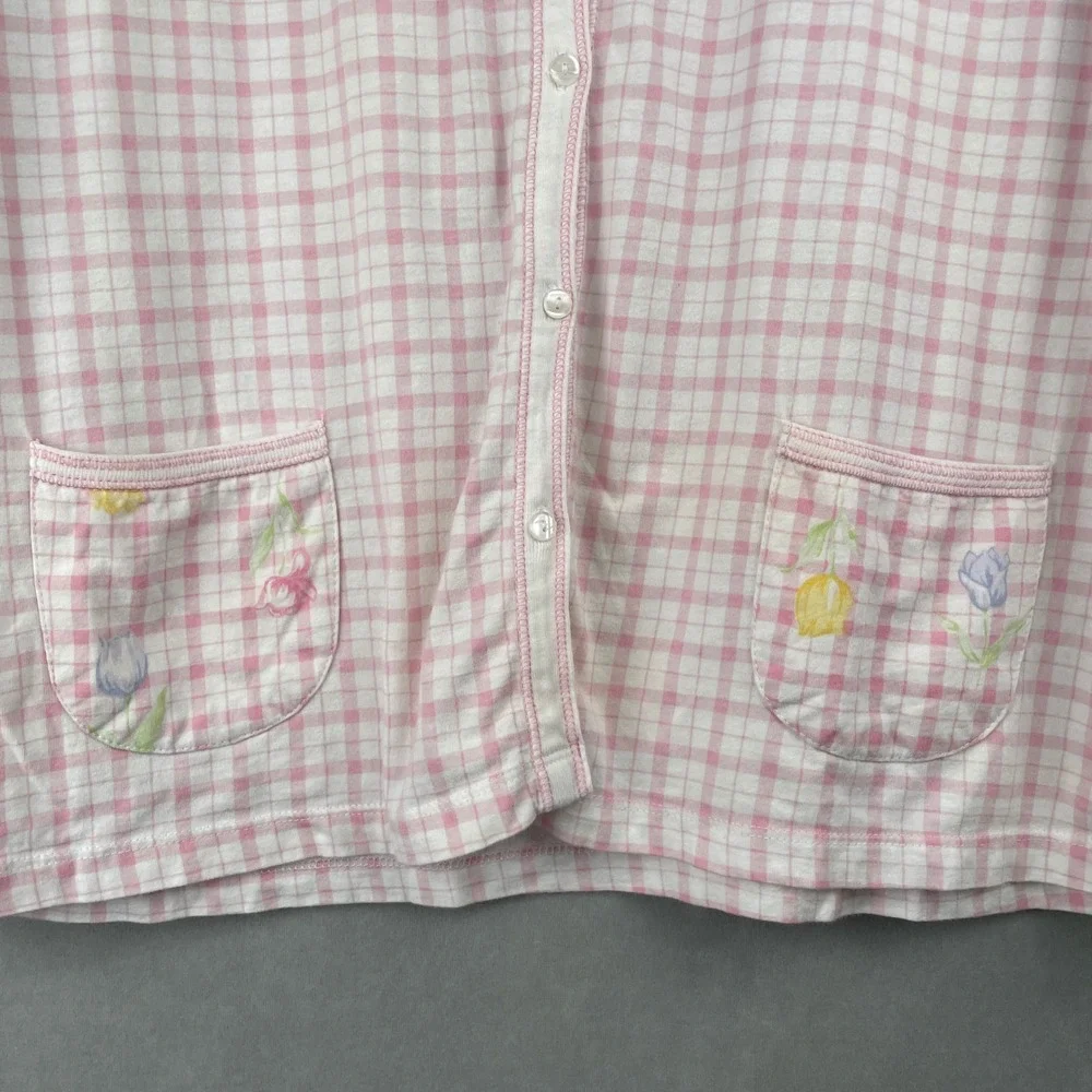 Aria Wmn L Pink White Plaid Button Sleep Shirt Top Floral Pockets Cotton Cottage